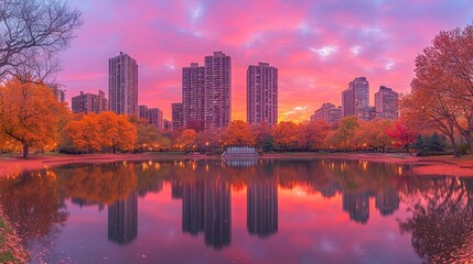 Obraz premium Vibrant sunrise over city skyline reflected in autumnal park pond.