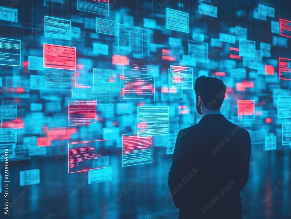 Poster Focused Man Analyzing Complex Data Wall in Modern Office Environment with Bright Lighting and Technology Elements Creating a Thoughtful Atmosphere