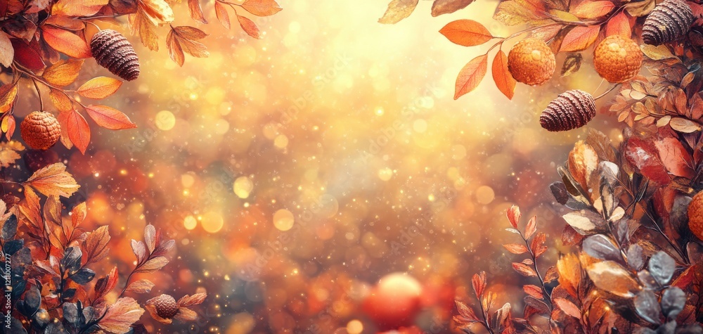 Poster beautiful autumn background with colorful leaves and pinecones creating a warm and inviting atmosphe