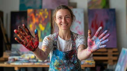 A smiling female artist shows off her paint-covered hands after a productive session in her studio.