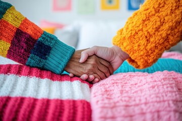 A caregiver holding hands with a patient, empathy and support theme, intimate focus