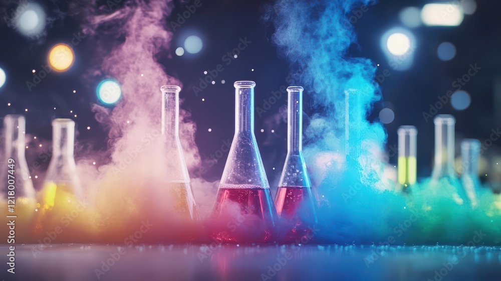 Poster vibrant display of test tubes filled with colorful smoke in a laboratory setting creating a dynamic 