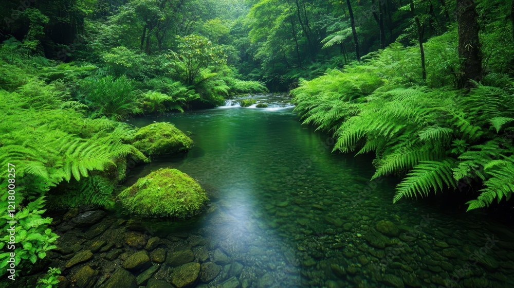 Poster Enchanting Stream Flowing Through Lush Rainforest Surrounded by Vibrant Greenery and Exotic Flora Creating a Tranquil and Serene Nature Scene