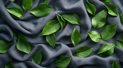 Obraz premium Green Leaves on Gray Fabric Background