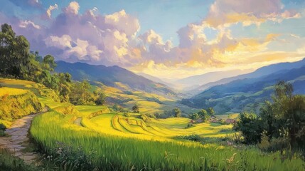 Naklejka premium Golden Rice Terraces Sunset Mountain Village Path