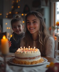 Teenager and child celebrating birthday with cake.