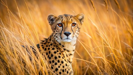 Obraz premium Cheetah Camouflaged in Tall Dry Grass - Nature's Master of Disguise, Wildlife Photography, Animal Behavior, African Savanna, Predator in Habitat, Natural Camouflage, Cheetah in Grassland