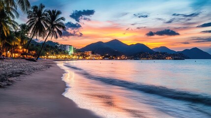A breathtaking view of a tropical beach at sunset with golden lights illuminating the shore and mountains in the background