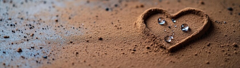 A closeup of teardrops falling onto a broken heart drawn in sand