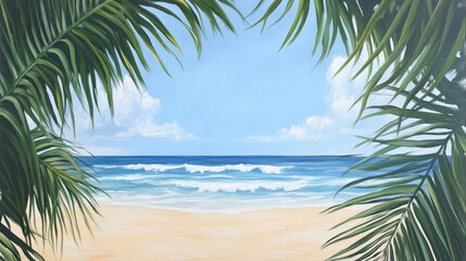 Fototapeta premium Tropical beach scene framed by palm leaves; ocean waves, sunny sky, travel brochure