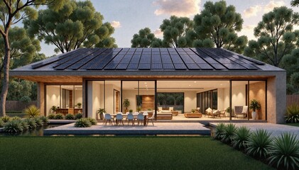 Obraz premium A modern, single-story house with a solar panel roof
