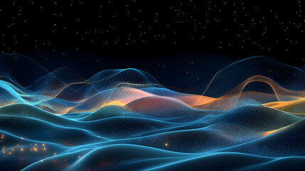 Abstract glowing waves, night sky, digital art, website background