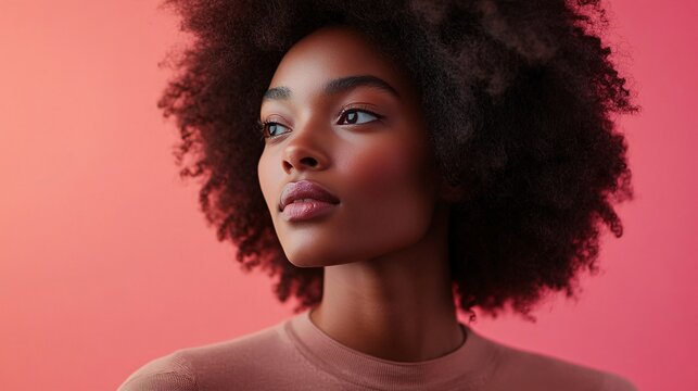 Young black woman with afro hair looking up on pink background
