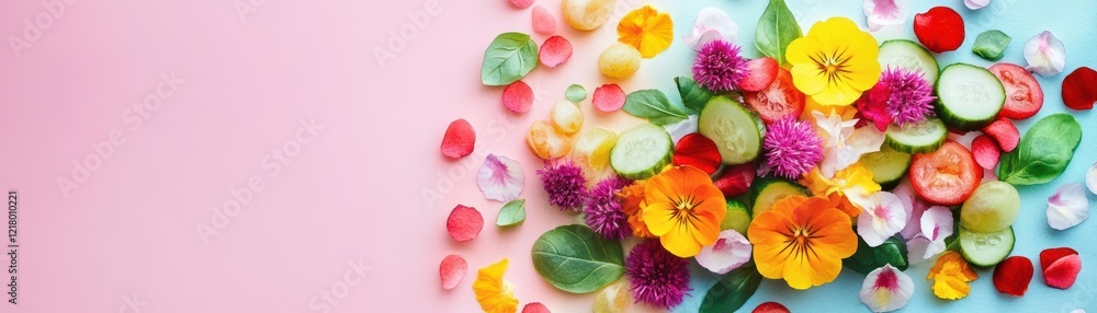 Poster vibrant collection of colorful flowers in bloom against a soft pink background evoking joy and seren