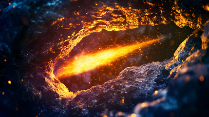 Fototapeta premium Fiery streak in volcanic rock crevice, cosmic background