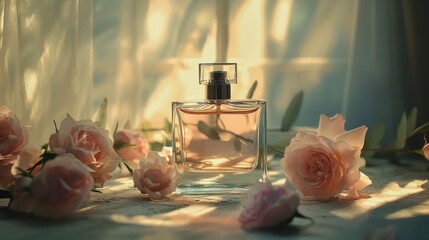 Perfume bottle with roses in sunlight.
