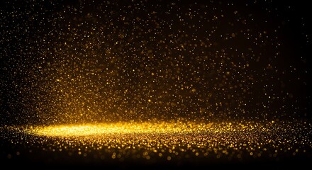 Golden sparkling particles illuminated over a dark background creating an enchanting atmosphere