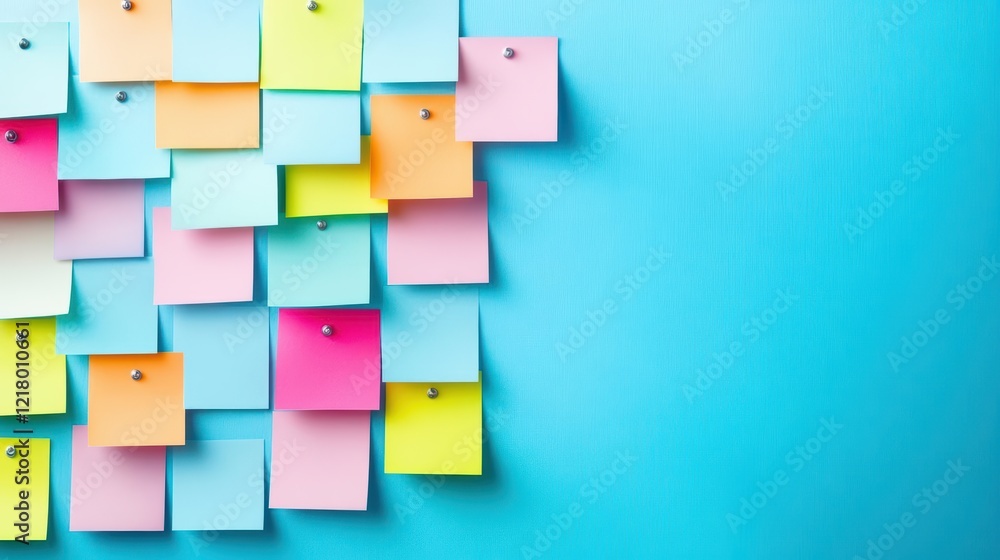 Poster Vibrant Collection of Colorful Sticky Notes Arranged Neatly on a Bright Blue Background Creating a Lively and Playful Atmosphere for Creativity