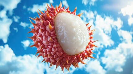 Lychee fruit half, opened, showing white flesh against a bright blue sky.