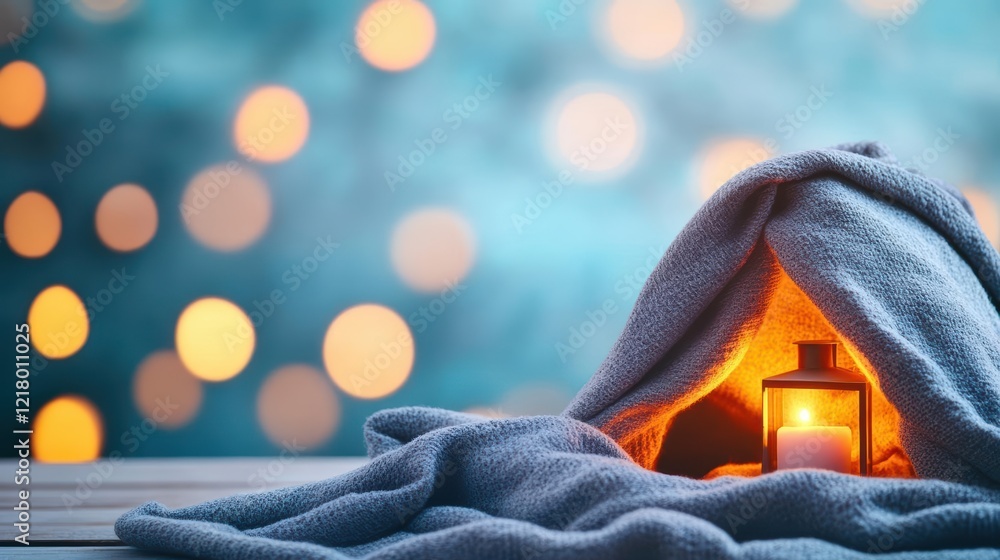 Aufkleber Aromatic Candle Glowing Softly on a Plush Towel Set on a Rustic Wooden Table Creating a Relaxing Calm Ambiance Perfect for Spa or Home Decor