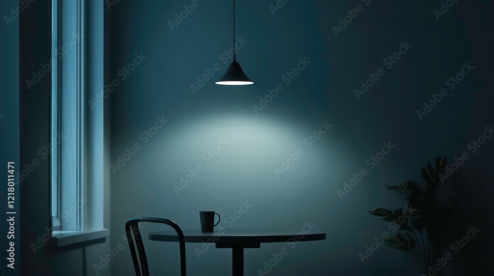Poster dark room with a single pendant lamp illuminating a small table and chair.