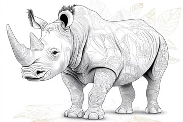 Fototapeta premium This detailed cartoon coloring page features a majestic rhino designed with unique patterns, inviting imagination and artistic enjoyment for all age groups