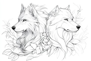 Fototapeta premium This artistic coloring page features two beautifully drawn wolves facing opposite directions, set against a backdrop of delicate flowers, ideal for coloring enthusiasts