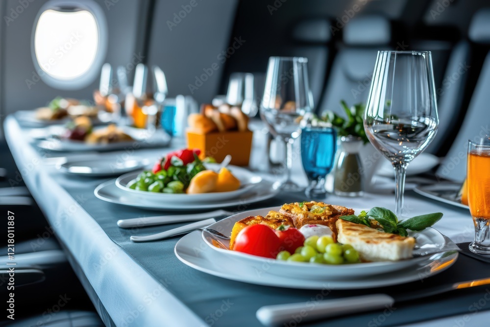 Poster elegant dining table set with exquisite plates of gourmet food and fine glasses of wine creating a w