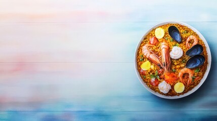 Fototapeta premium A detailed watercolor painting of a seafood paella, vibrant Mediterranean tones, topdown view