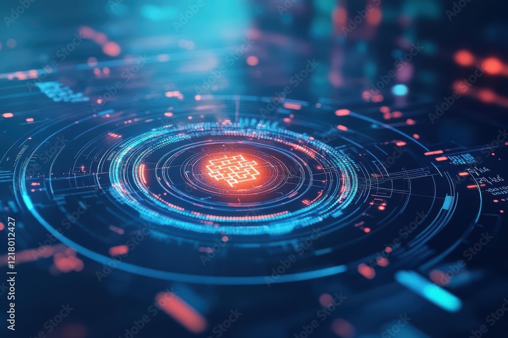 Aufkleber futuristic digital interface featuring a radiant glowing circle on top against a dark background evo
