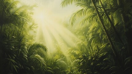 Naklejka premium Sunbeams pierce lush tropical jungle; scenic backdrop