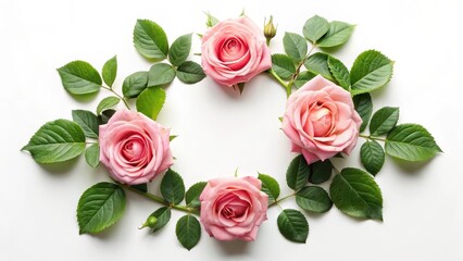 A delicate rose flower with velvety petals and lush green leaves framed in a circular shape, set against a soft white background