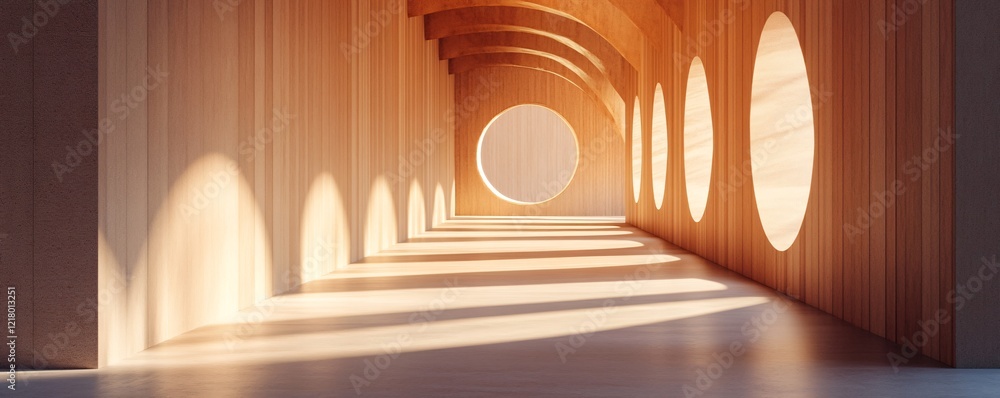 Poster modern wooden corridor with round windows and sunlight creating shadows
