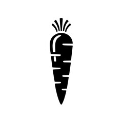 Carrot Icon: A simple, bold black silhouette of a carrot, perfect for use in illustrations, infographics, or website designs related to health, food, or agriculture. 