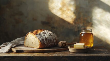 Rustic sourdough bread, honey, butter on wood.