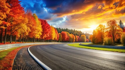 Obraz premium Breathtaking Autumn Landscape: Empty Race Track Surrounded by Vibrant Forests in Fall Colors - Urban Exploration Photography
