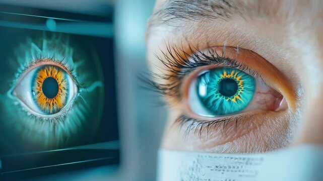 This close-up photograph showcases a captivating human eye, highlighting intricate details of the iris and a digital display. The vibrant colors create an engaging visual experience.