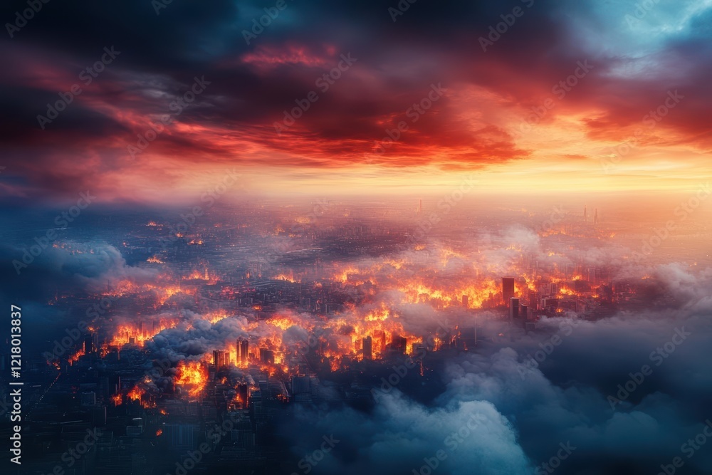 Poster a dramatic cityscape under fiery skies with bright flames and smoke creating an intense atmosphere o
