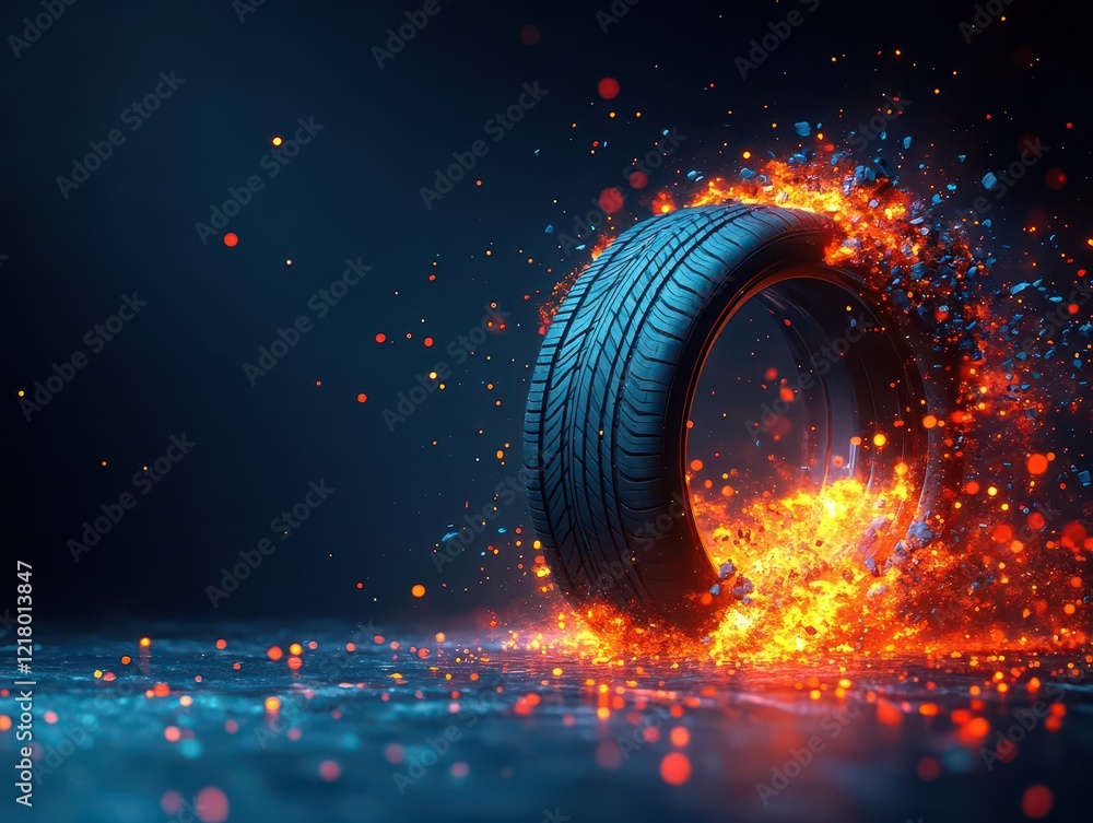 Aufkleber a dynamic tire explosion effect with glowing edges, textfriendly dark background