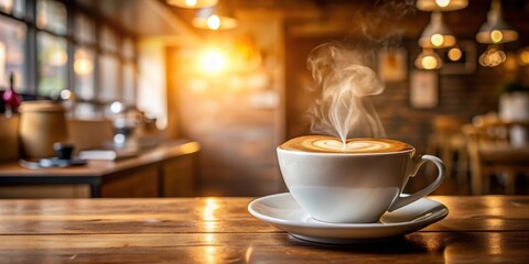 Warm steam rising from a coffee latte in a modern cafe , warm, latte,  warm