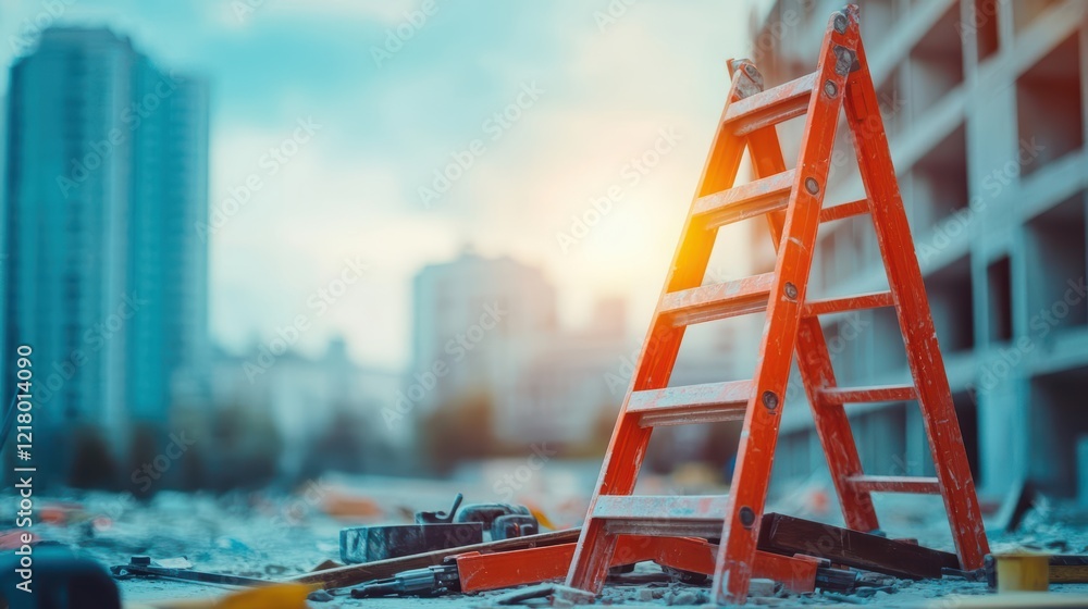 Poster a sturdy ladder resting on the ground with a bustling city skyline in the background showcasing urba