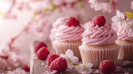 Pink cupcakes with pink frosting and white swirls, surrounded by fresh raspberries and delicate cherry blossoms, on an antique wooden table against a soft pastel background,