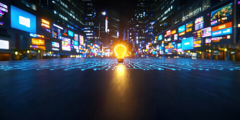Fototapeta premium glowing bulb surrounded by digital circuit on city street at night