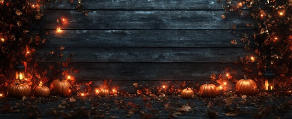 Fototapeta premium Cozy Autumn Scene with Pumpkins and Warm Lights on Wooden Background Surrounded by Colorful Leaves for Seasonal Celebration and Festive Decor