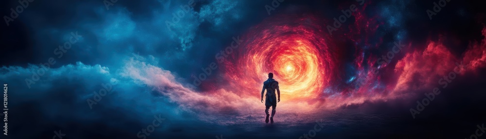 Poster A man stands confidently in front of a mesmerizing colorful spiral vortex radiating energy and creativity in a captivating and surreal visual experience