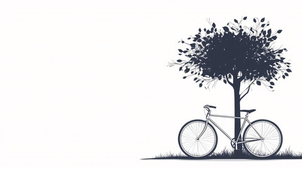 minimalist black and white silhouette of a bicycle leaning against a tree in a field