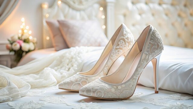 bedroom, bridal, accessories, dressy, interior, decor, shoes, luxury, wedding, elegant, footwear, shoe, fashion, bride, elegance, heels, high, pair, clothing, celebration, beauty, woman, foot, accesso