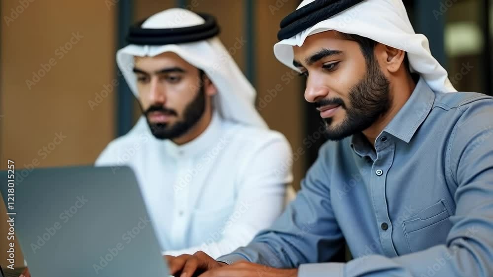 Poster two uae men collaborating in a modern office setting, engaged in teamwork and technology, using lapt
