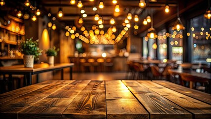 Cozy Cafe Atmosphere with Bokeh Lights and Empty Wooden Table for Food and Drink Presentations