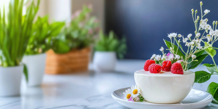 Delightful panna cotta topped with fresh raspberries and flowers